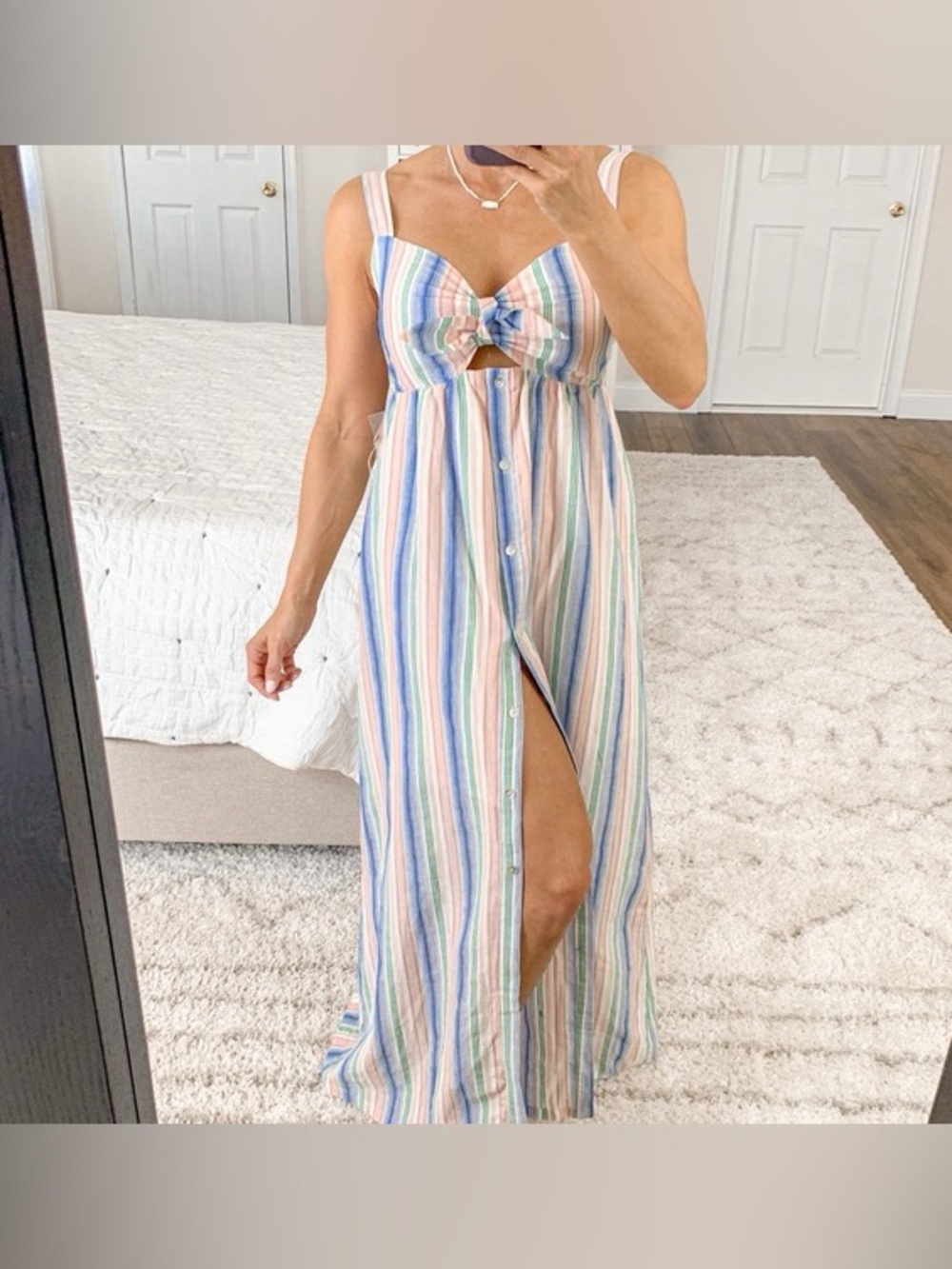 Hummingbird Pastel Striped Tie-Front Button-Front Maxi Dress w Cut Out Cotton